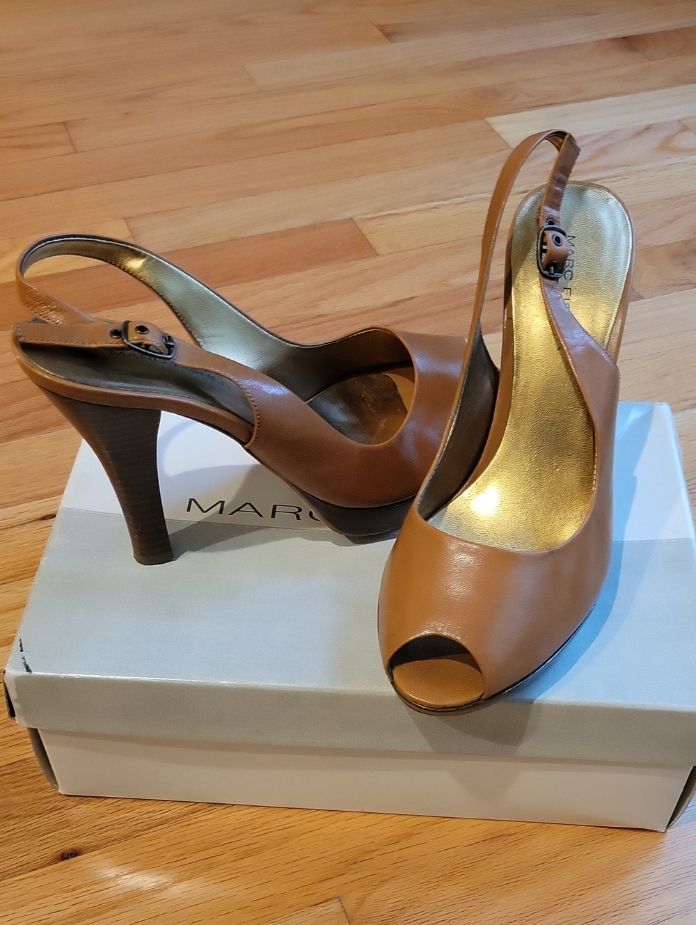 Marc Fisher Tan Peep-Toe Slingback Heels